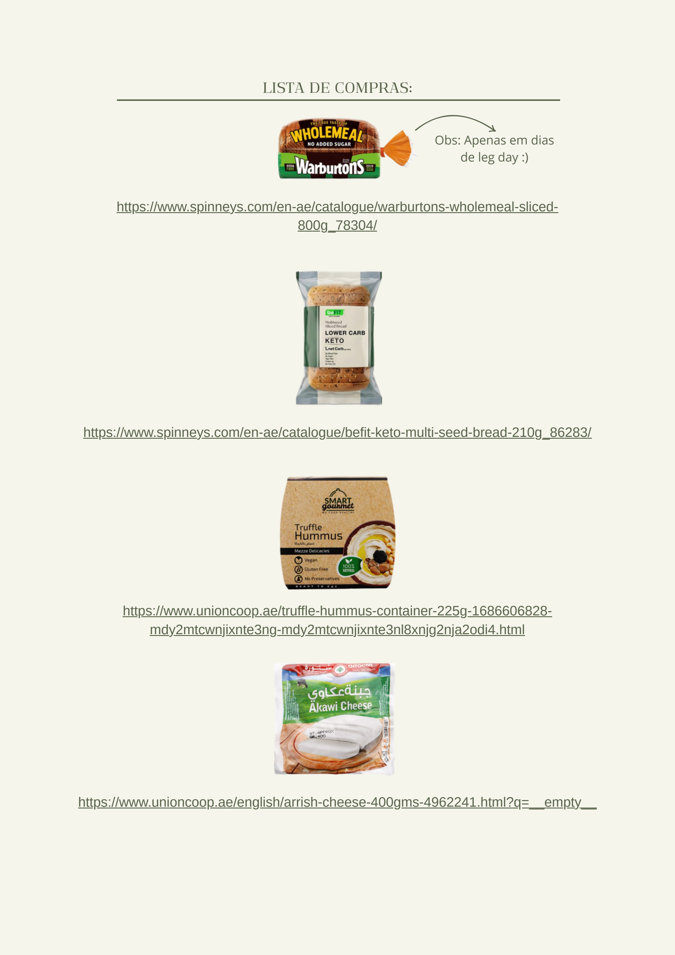Página do plano alimentar com lista de compras ilustrada